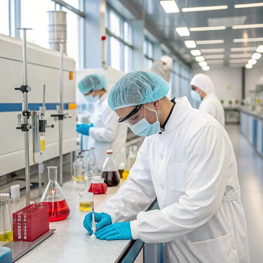 Chemists conducting analysis in a modern laboratory with flasks and safety equipment