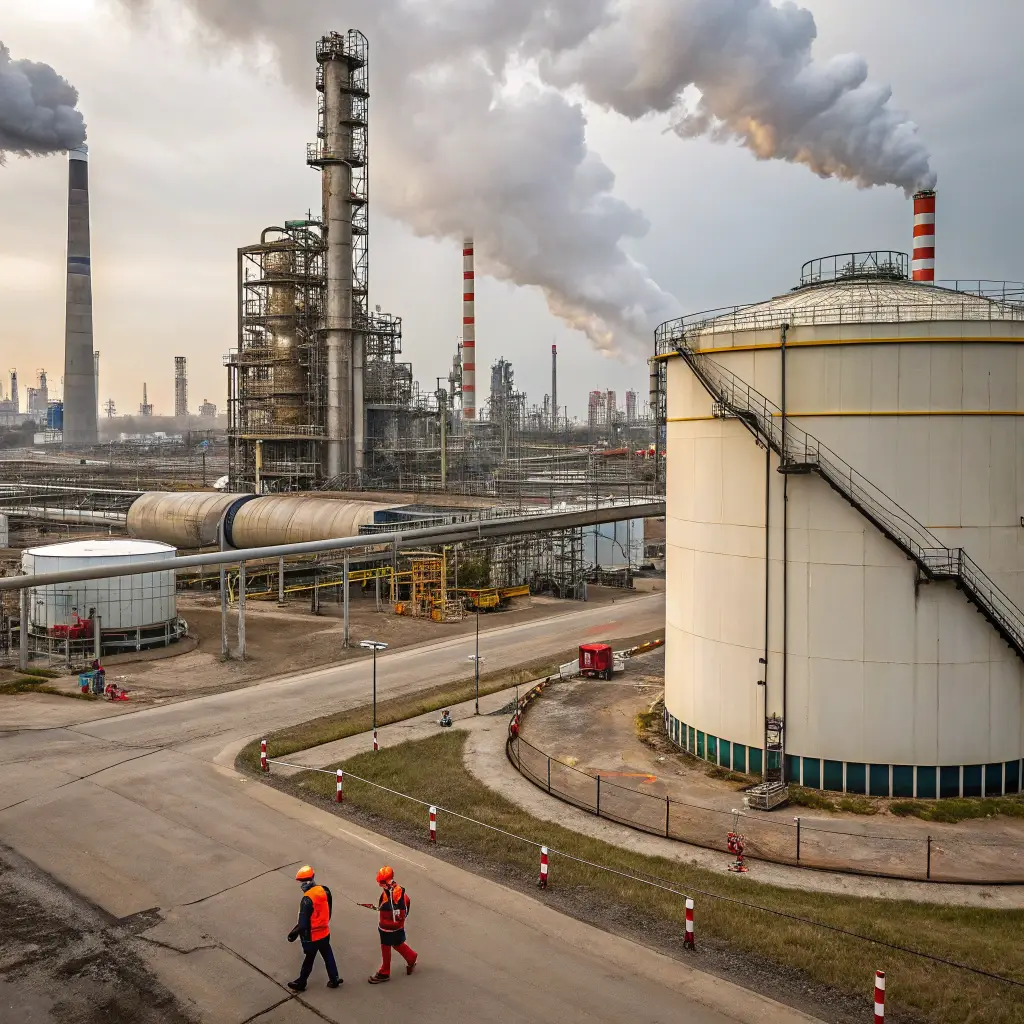 Industrial refinery with smoke stacks and storage tanks under cloudy sky