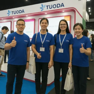 TUODA team at exhibition booth giving thumbs up, representing professionalism and global customer service