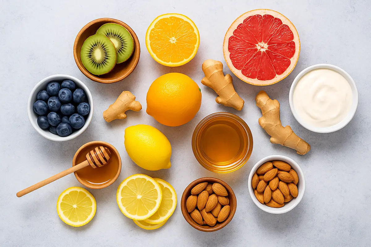 Assorted healthy ingredients including citrus, honey, almonds and yogurt