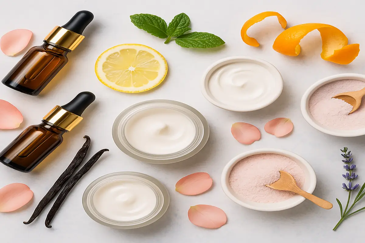 Natural skincare ingredients including lemon, cream, and essential oils