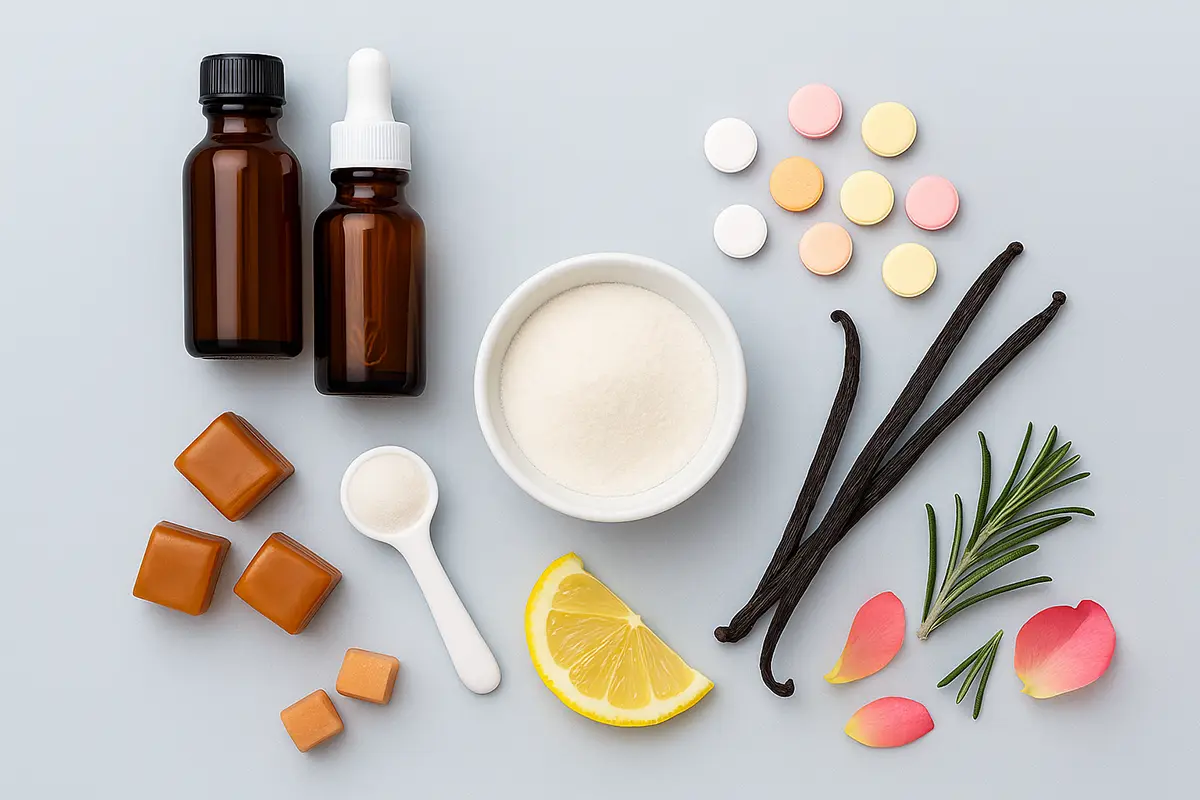 Flavor additives and sweeteners with vanilla and tablets on a white background