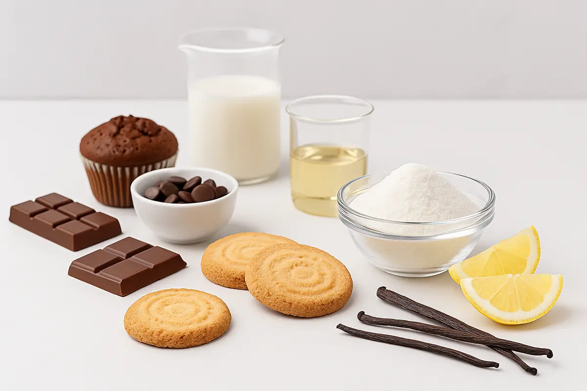 Baking ingredients including chocolate, butter, lemon and vanilla on white table