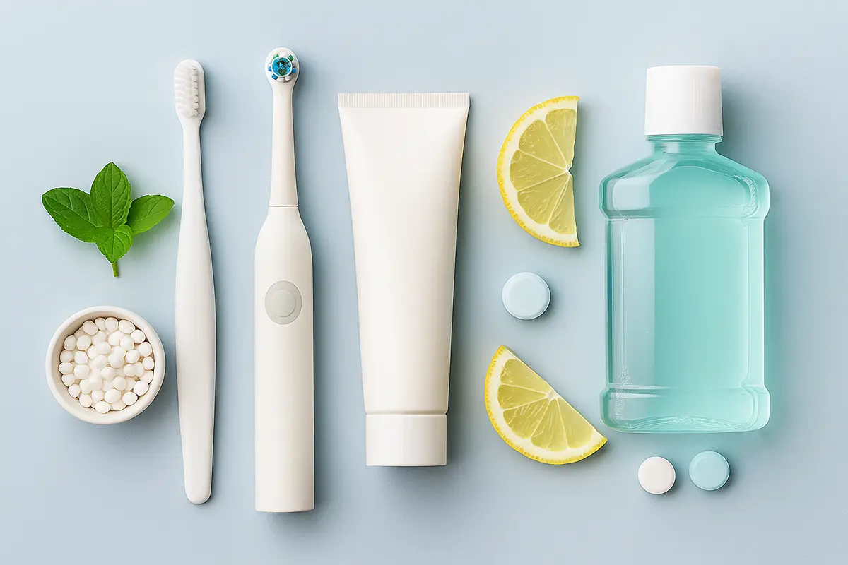 Oral care set with toothbrush, toothpaste, lemon and mouthwash tablets