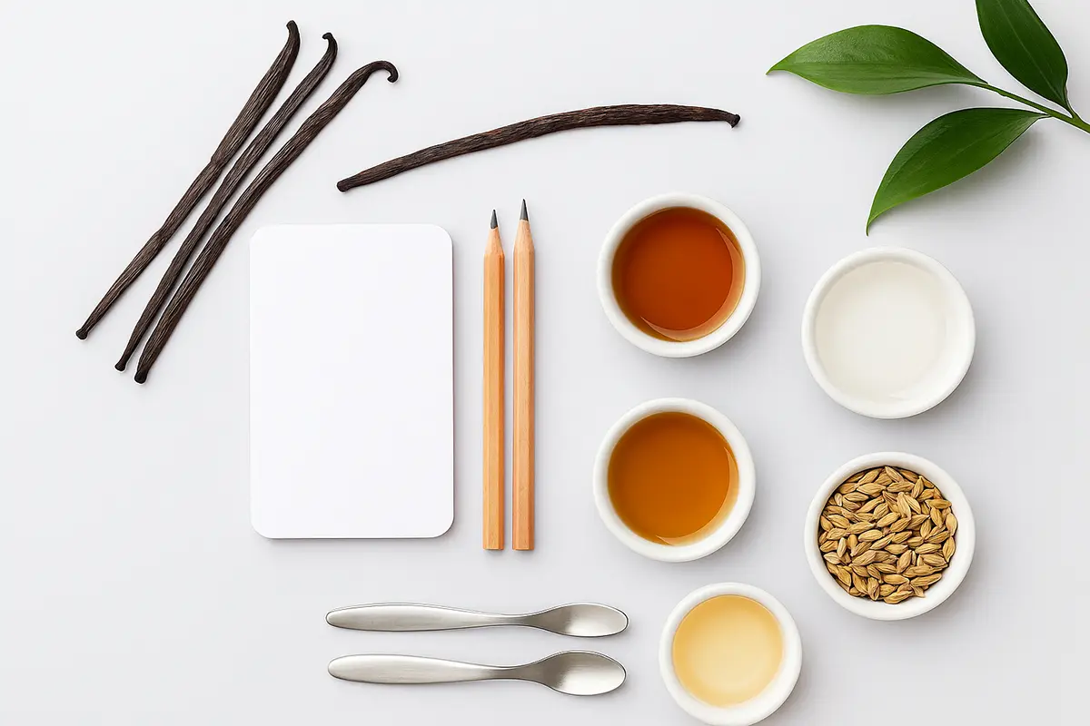 Natural vanilla pods, flavor oils and grain extracts with sampling tools