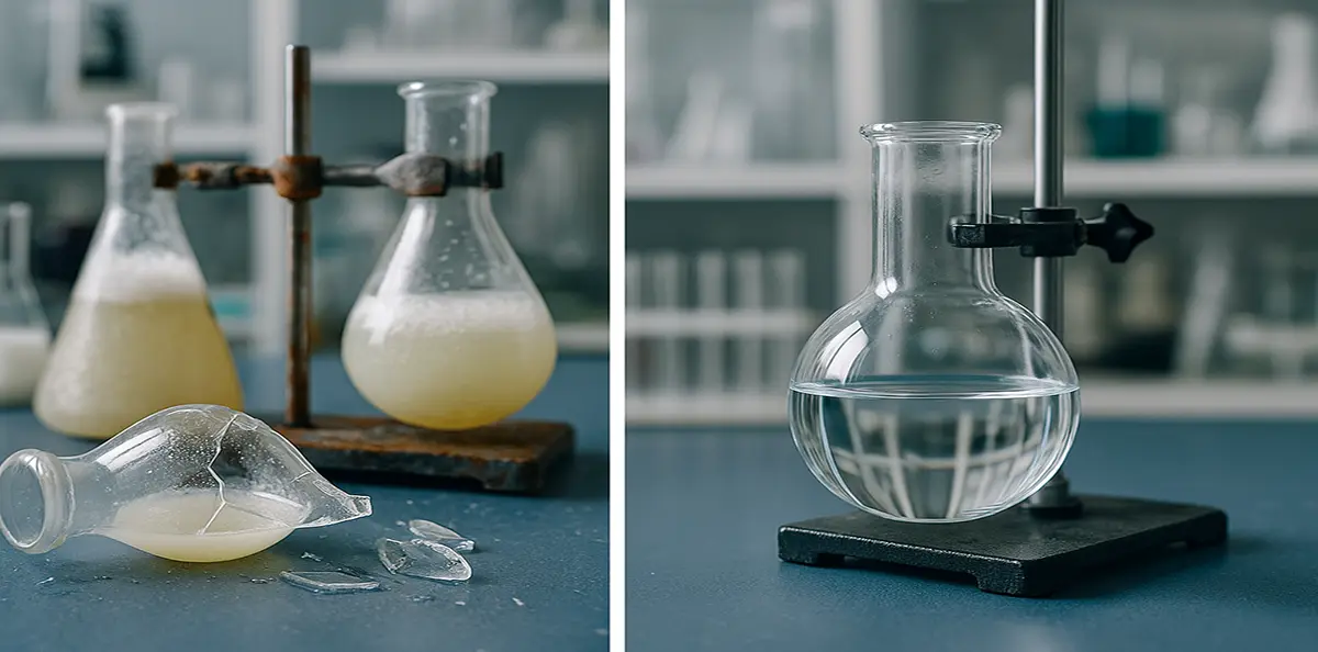 Broken lab glassware and foam reaction comparison