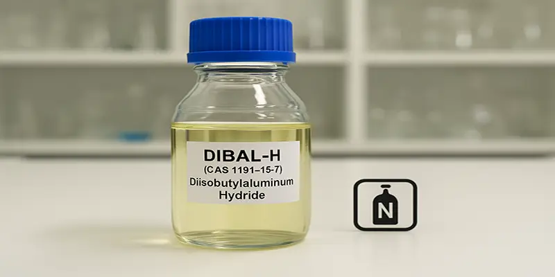 DIBAL-H solution in glass bottle with nitrogen protection label