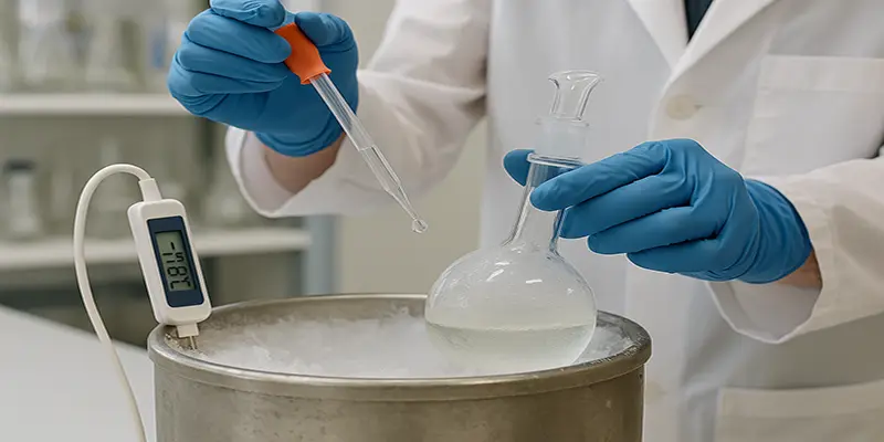 Gloved hands handling a flask in low temperature bath