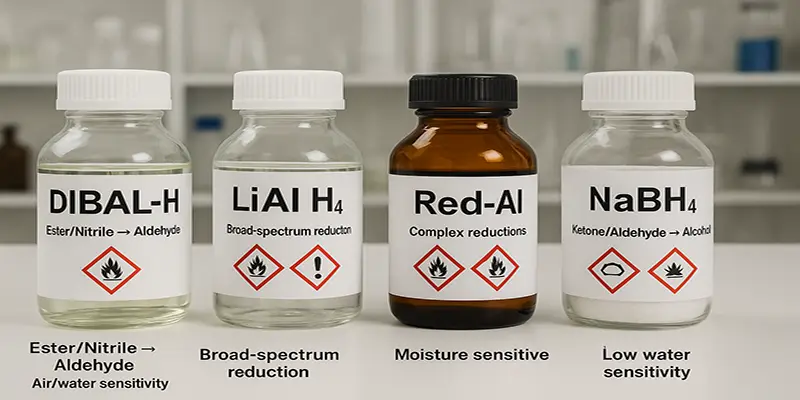 Comparative view of reducing agents including DIBAL-H, LiAlH4, Red-Al, NaBH4