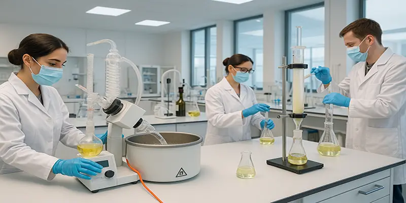 Scientists in laboratory conducting chemical synthesis tests