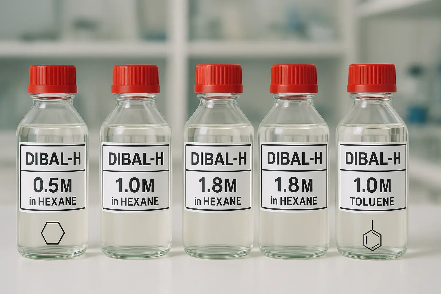 DIBAL-H reagent bottles in different concentrations and solvents