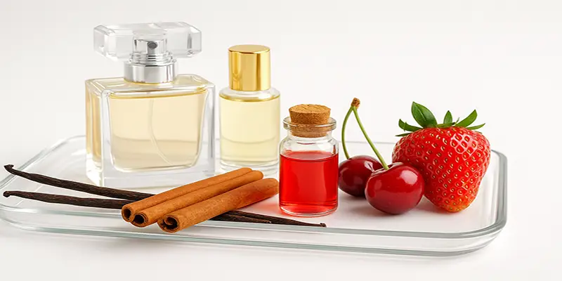 Natural flavor food with juice, cake, ice cream and fruits