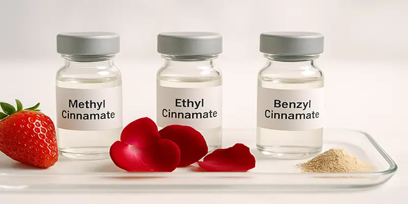 Ethyl cinnamate and skincare lab testing scene