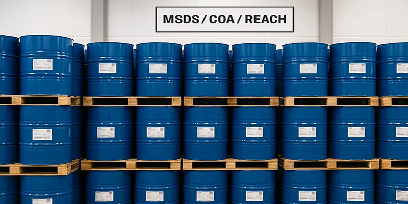 Blue chemical drums with MSDS/COA/REACH label