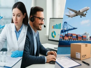 Collage showing laboratory sample testing, technical support consultation, and global shipping logistics, representing TUODA’s value-added services.