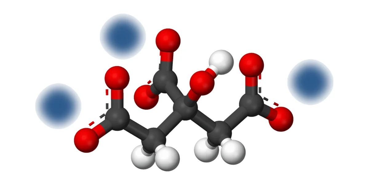 Three-dimensional molecular model of sodium citrate showing carboxylate groups and sodium ion interactions