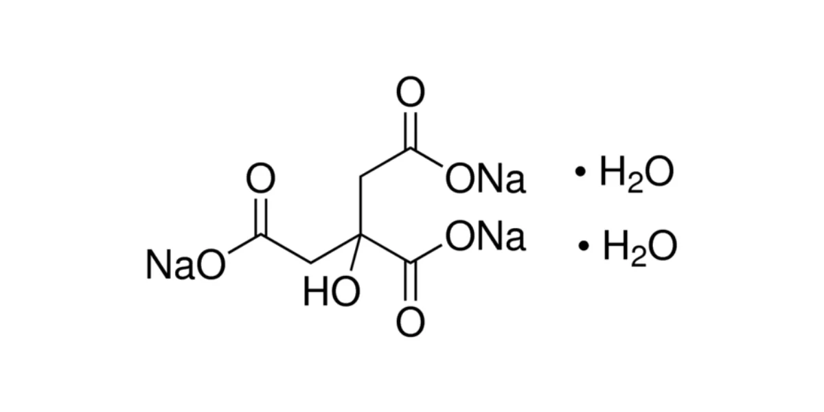 Chemical structural formula of trisodium citrate dihydrate illustrating sodium carboxylate groups and hydration