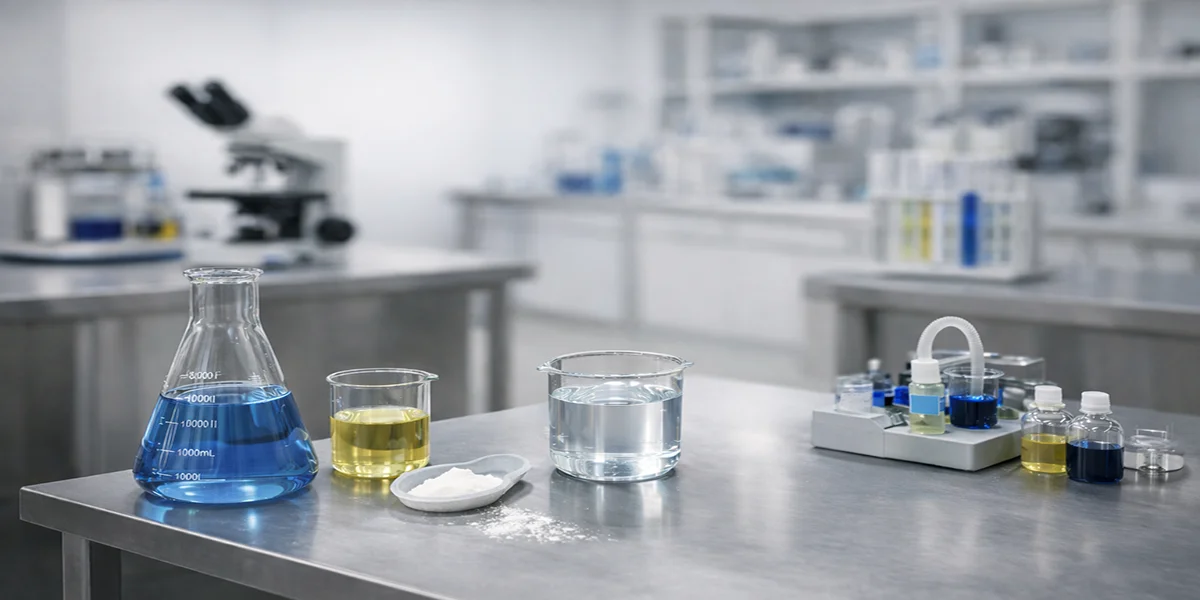 Laboratory setup for buffer preparation and ion control using sodium citrate, with glassware and clear solutions on a workbench